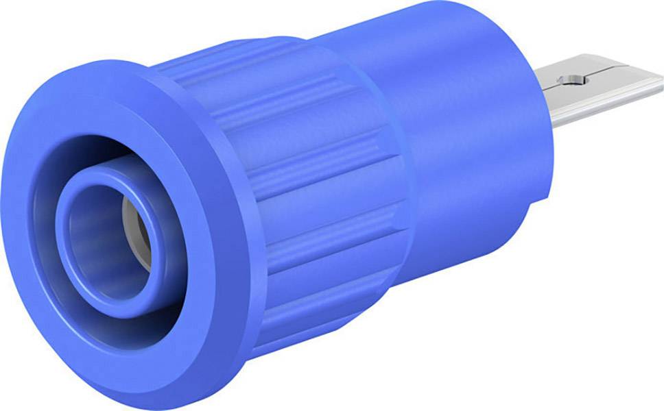 Blue electric adaptor plug with a round casing and metal contact, suitable for connecting cables and devices.
