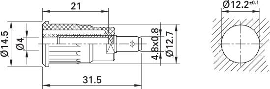 Technical drawing of a part with dimensions in millimetres. Shows lengths, diameters and cross-sectional view of a mechanical component.