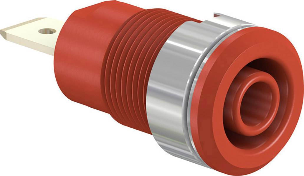 Red plastic and metal banana plug socket, suitable for electrical connections.