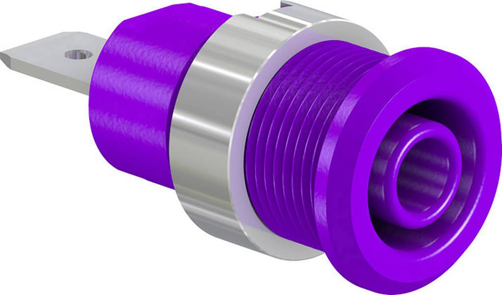 A purple RCA socket connection with a metal thread, suitable for electronic connections and audio devices.