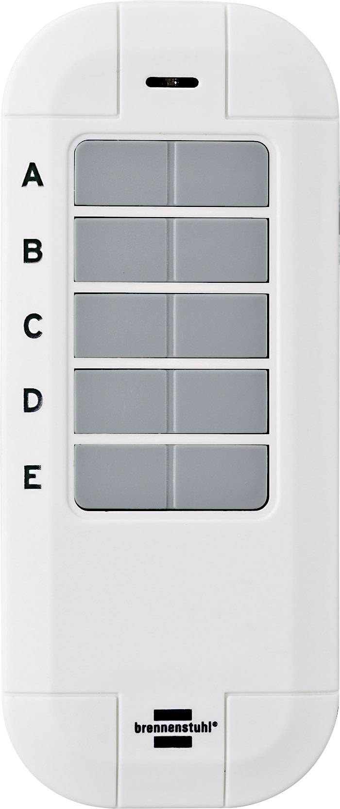 A white remote control switch with five grey buttons, labelled 'A' to 'E', by the brand Brennenstuhl.