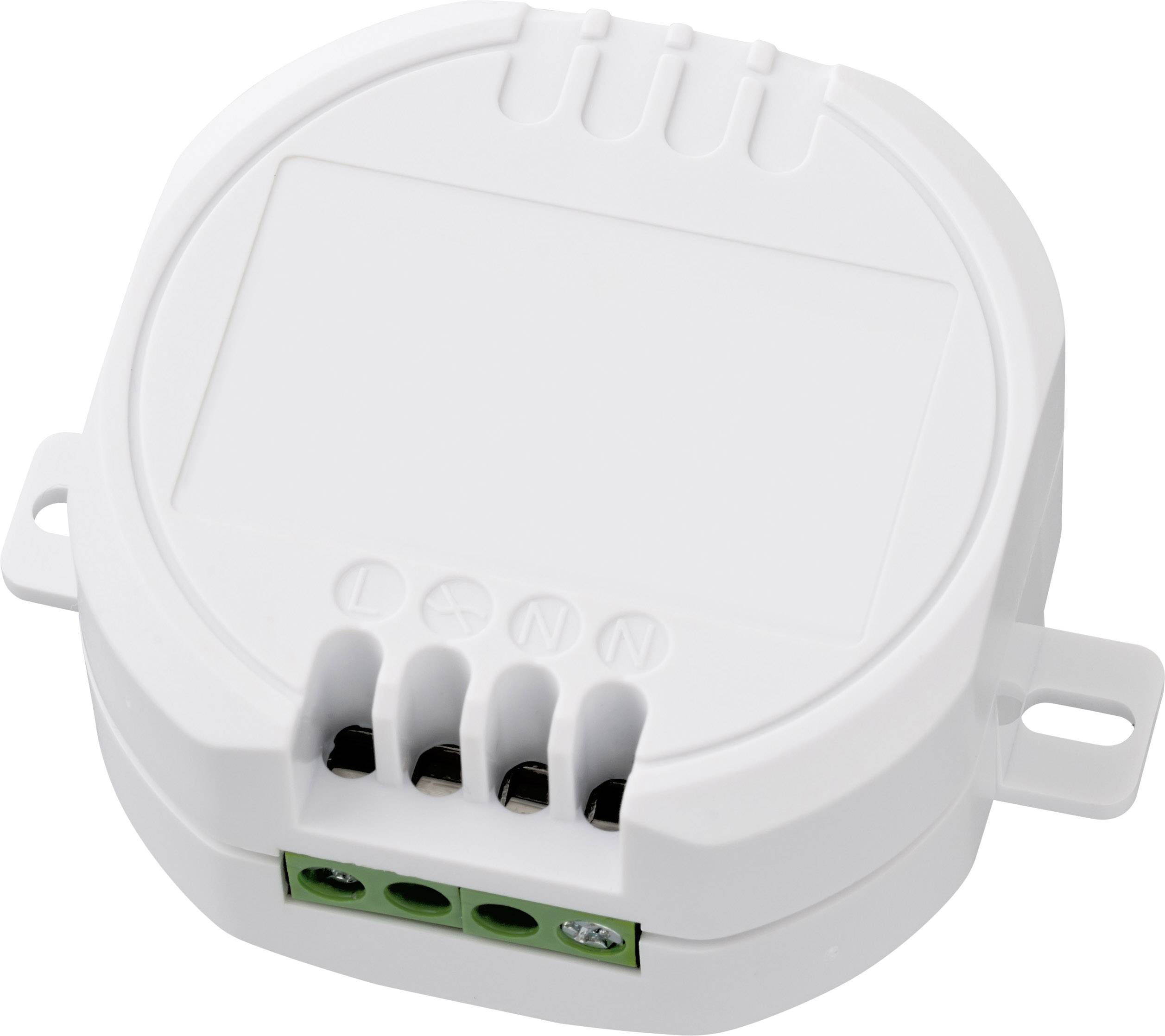 A white electrical module with three green terminal connectors on one side, commonly used in smart home installations.
