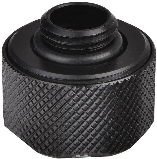 Black, cylindrical adapter with a ribbed surface, suitable for connecting pipes or hoses.