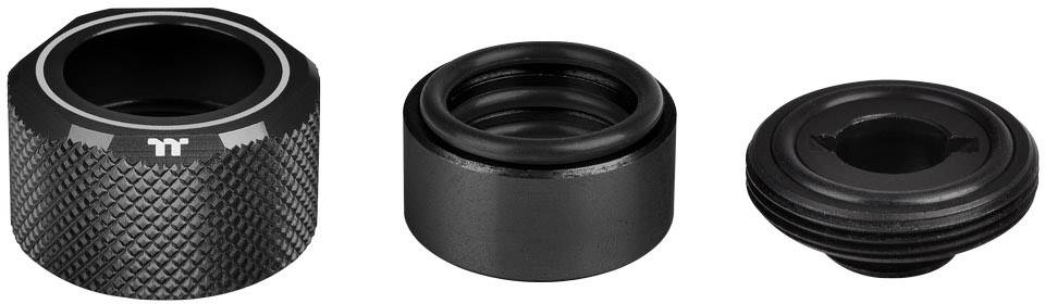 Three black adapters for water or air hoses, shown in a contrasting comparison of their different shapes and sizes.