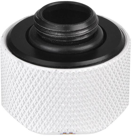 White, ribbed metal screw fitting with black internal threaded section, used in technical or piping systems.