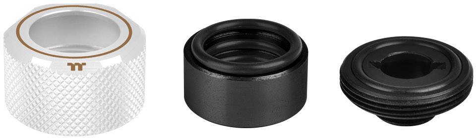 Three different round water cooling adapters, each available in white and black. They offer various connection options.