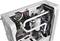 White PC case interior with a water cooling system, multiple tubes and fans. Motherboard and cable details visible.