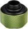 Green metal screw connector with textured grip and black inner ring. Used for hose or pipe connections.