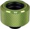 Green screw connector with knurled surface for improved grip, used for pipe connections in technical applications.