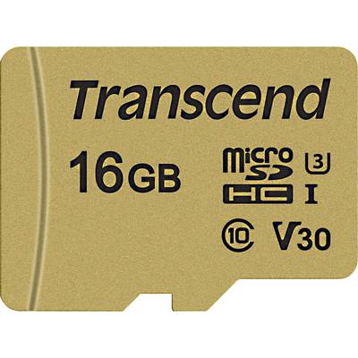 Golden microSD card from Transcend, 16 GB capacity, Class 10, UHS-I, V30, suitable for HD video recordings.