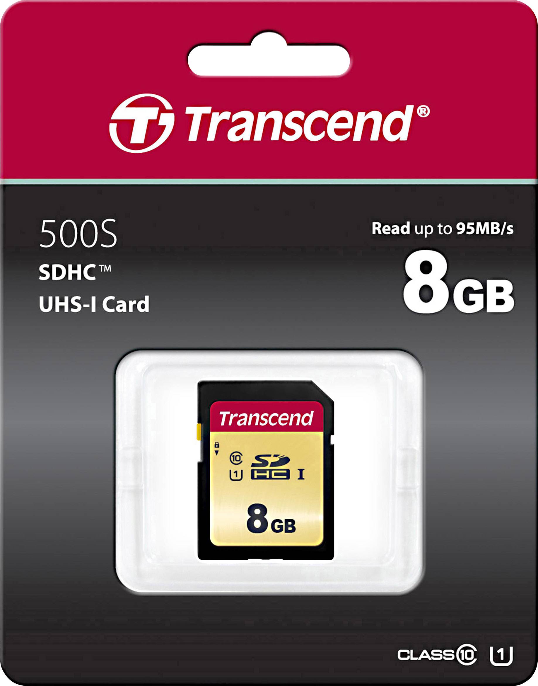 Transcend 8GB SDHC Memory Card, Model 500S, Class 10, UHS-I. Read speed up to 95MB/s. Packaging shows card.