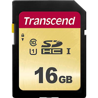 SD card with 16 GB storage capacity and the label 'Transcend'. It displays speed and type symbols: C10, U1, SDHC.