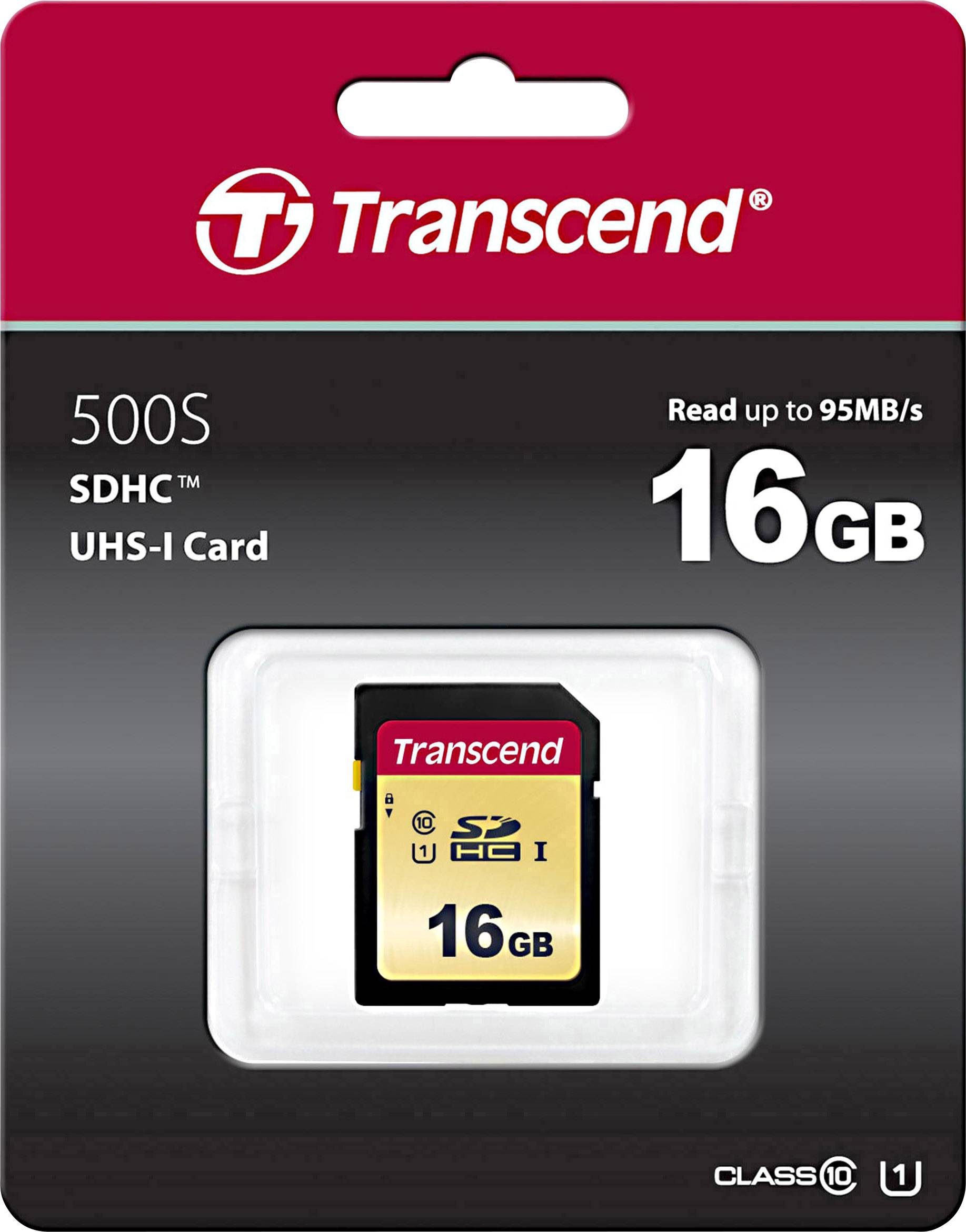 Packaging for a memory card, 16 GB SDHC UHS-I by Transcend, read speed up to 95 MB/s, Class 10, U1.