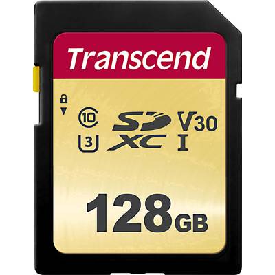 Transcend SD Card with 128 GB capacity, Class 10, V30 speed, UHS-I. Suitable for high-resolution video and photo recordings.