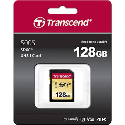 Transcend 500S SDXC Memory Card, UHS-I, 128GB, Read Speed up to 95MB/s, Class 10, V30, Suitable for 4K Recordings.