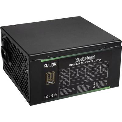 Black, modular ATX power supply from Kolink with model number KL-1000M and 80 Plus Bronze certification.