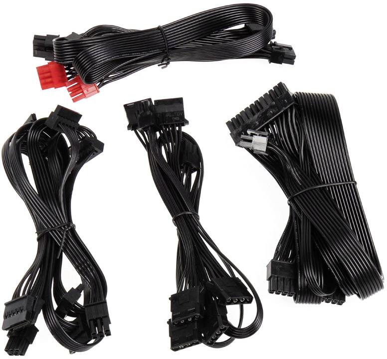 Black computer power cables with various connectors, some red, in a sorted arrangement. Ideal for PC power supplies.