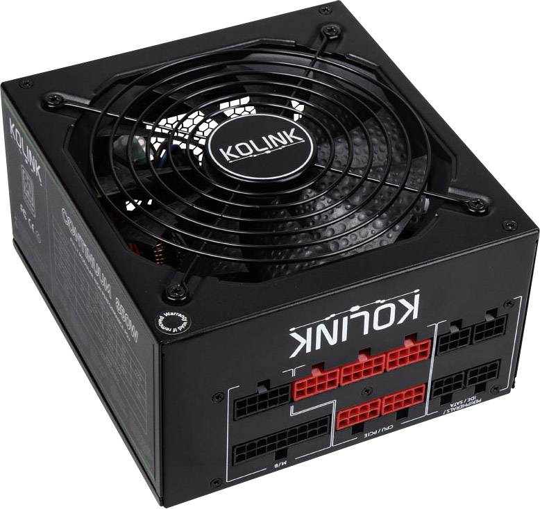 'Black Kolink power supply unit with fan on top and red connection sockets on the side.'
