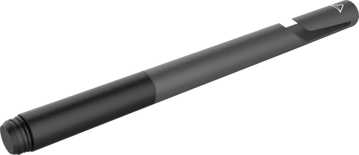 A black ballpoint pen is lying at an angle on a white surface.