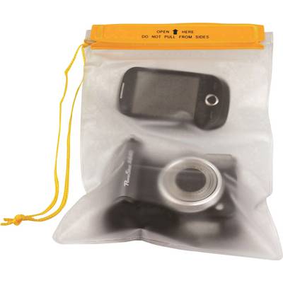 Transparent waterproof pouch with zip fastener. Contains a black smartphone and a camera. At the top it reads 'OPEN HERE DO NOT PULL FROM SIDES'.