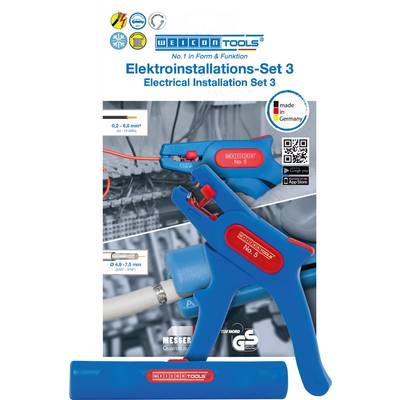 Electrical installation set with two blue wire stripping tools, ideal for cables ranging from 0.2-6.0 mm² and 4.8-7.5 mm², manufactured in Germany.