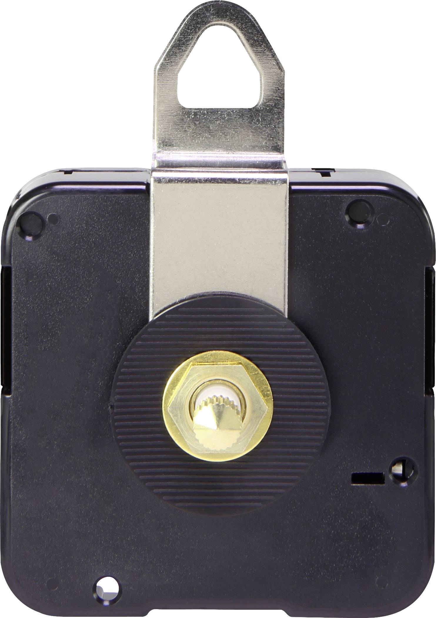 A square clock mechanism with a metal hanger at the top and a gold-coloured gear in the centre.