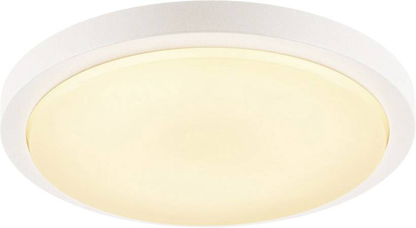 Round ceiling light with white border and warm white light emission. Minimalist design, suitable for modern interiors.