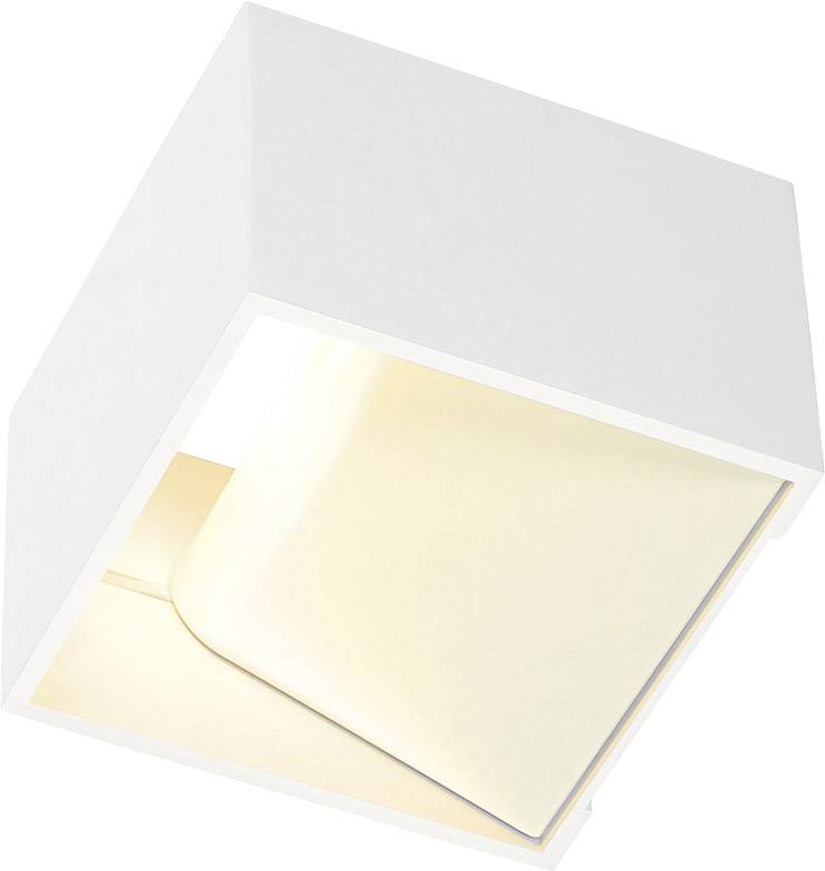 A white, square ceiling light with an open, slightly angled light source that emits warm light.
