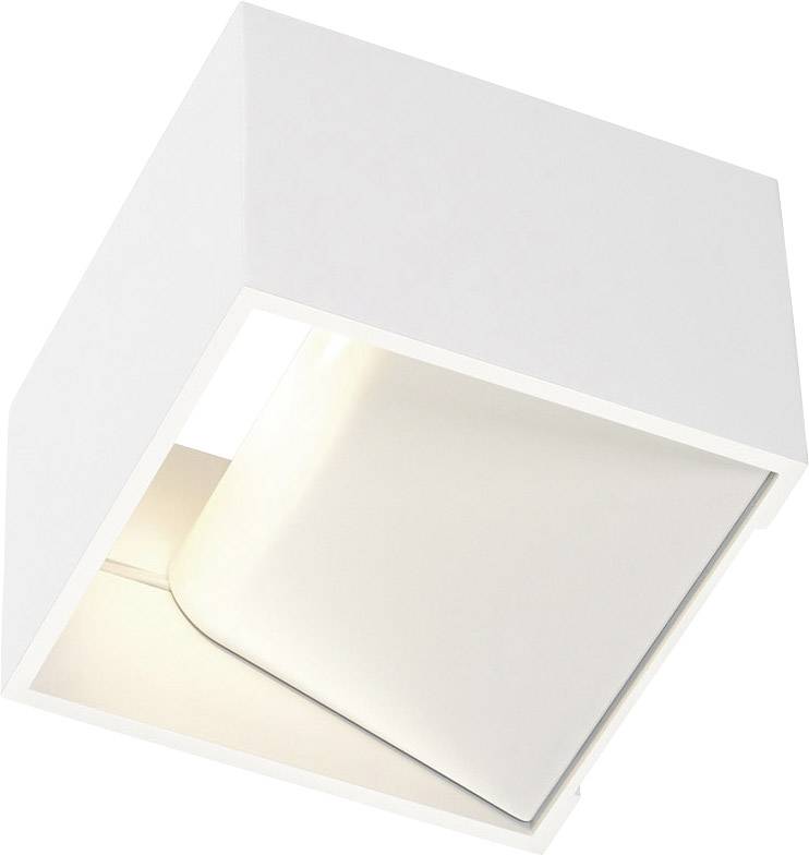 White, square ceiling light with an open design. One side is angled to direct the light. Minimalist style.