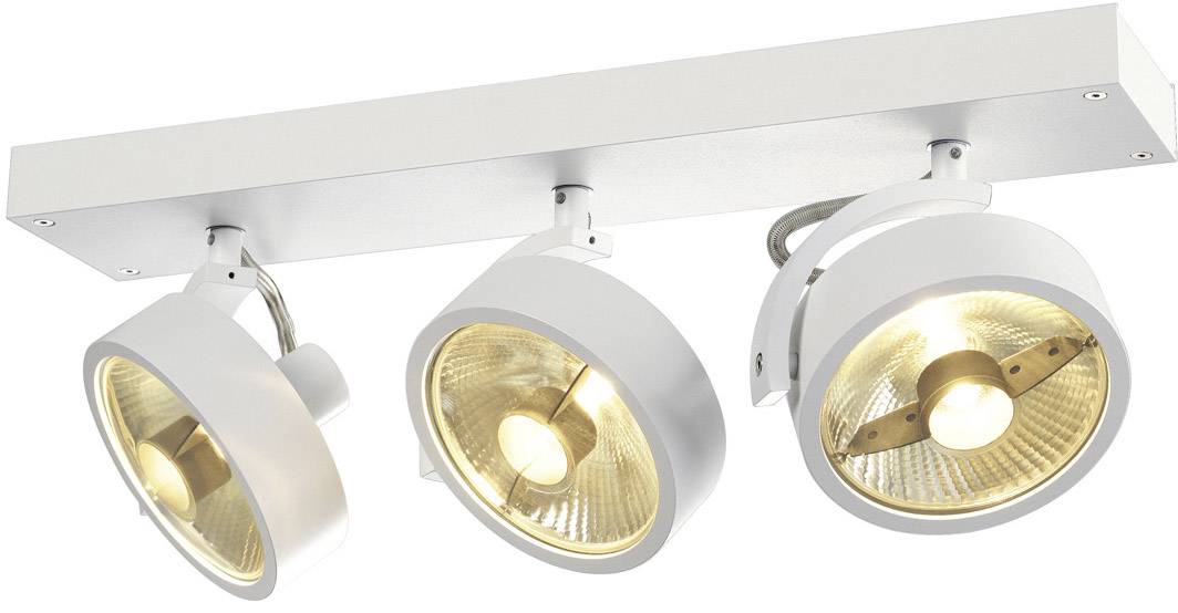 Three-way, contemporary ceiling light in white with adjustable spotlights and circular reflectors for targeted illumination.