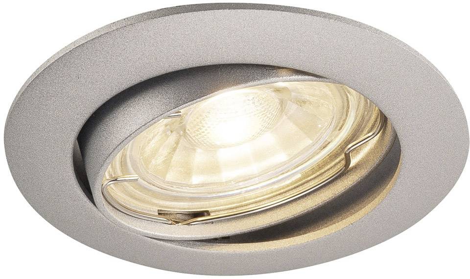 A round, silver ceiling light with an integrated, bright bulb.