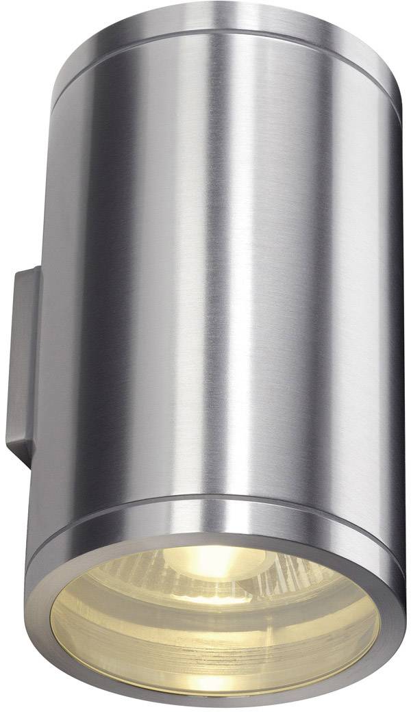 Silver cylindrical outdoor wall light that shines downwards, ideal for stylish exterior wall mounting.