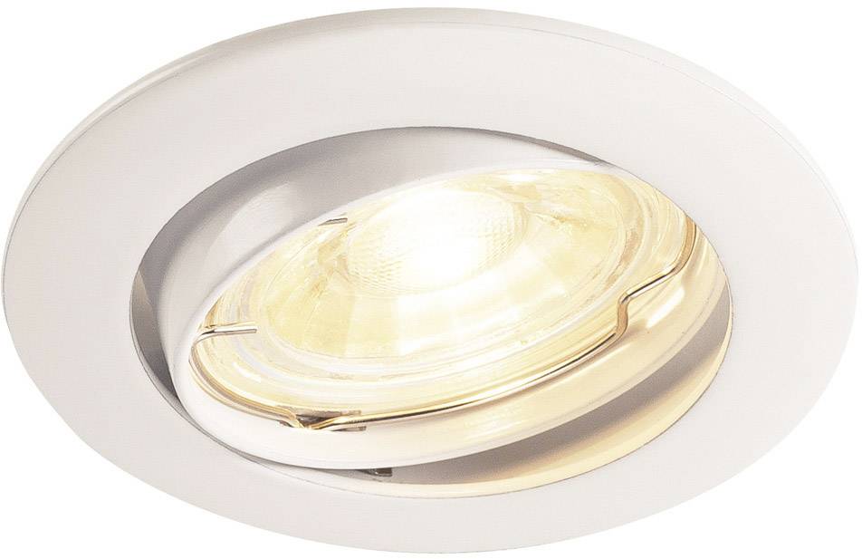 Round recessed light fitting with a white frame and illuminating bulb insert, providing bright ceiling lighting.
