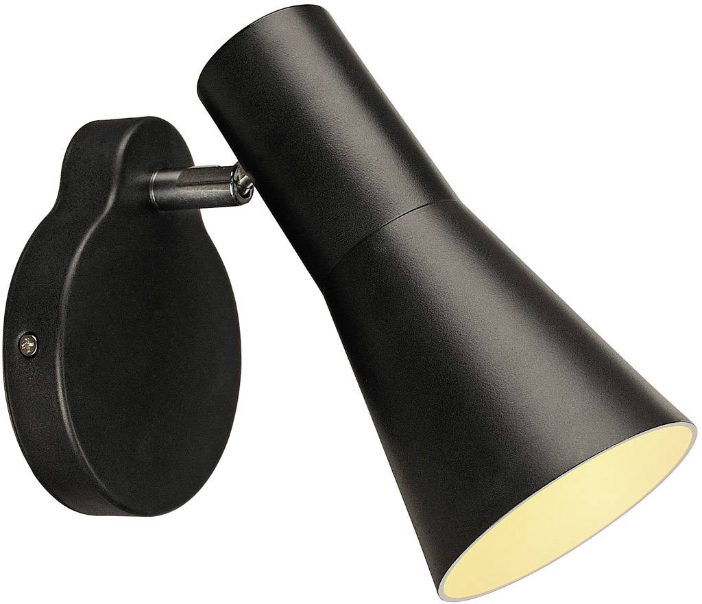 Black, modern wall light with a cone-shaped lampshade that is angled downwards.