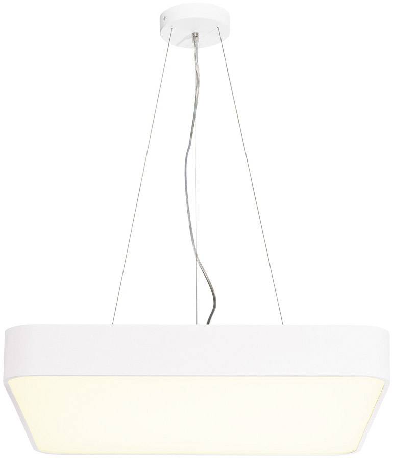 White, rectangular pendant light with rounded corners and four cable suspensions on a circular ceiling mount.
