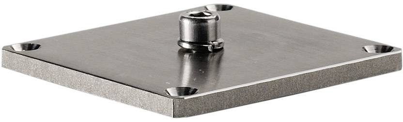 Metal plate with a central bolt and screw holes at the corners. Suitable for fastening or as a base in mechanical applications.