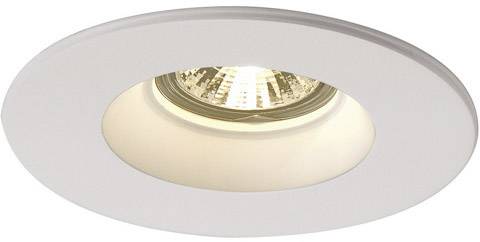 A white recessed ceiling light with a round shape and a central light source that emits warm white light.