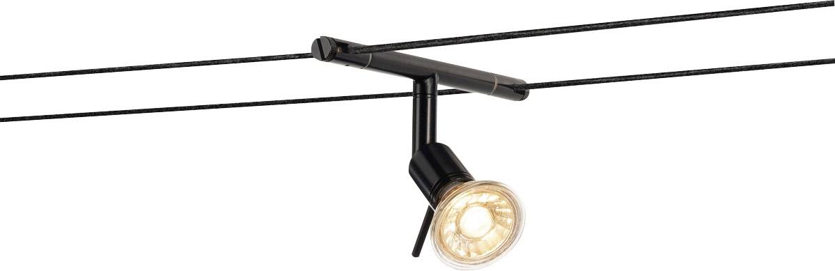 A modern black ceiling light with an exposed light bulb, mounted on thin cables. Ideal for minimalist, stylish interiors.