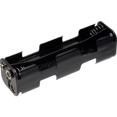 A black plastic battery holder for four AA batteries, with springs and contact points at the ends.