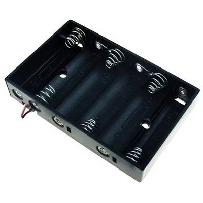 Black battery holder for four AA batteries with metal contacts and connecting wires on the side.