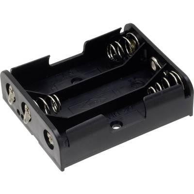Black plastic battery holder for two AA batteries, with metal springs and contacts, for powering electronic devices.