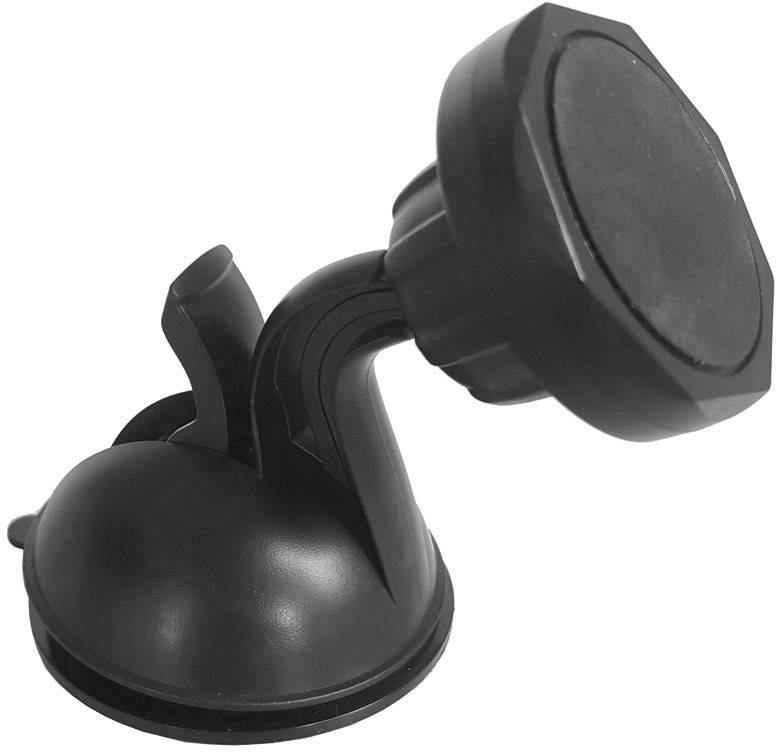 Black, round plastic suction cup holder, suitable for attaching objects to smooth surfaces.