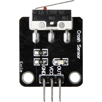 A micro-switch sensor, known as a 'crash sensor', shows connection terminals and switching positions (C, NO, NC) as well as markings (VCC, GND, OUT).