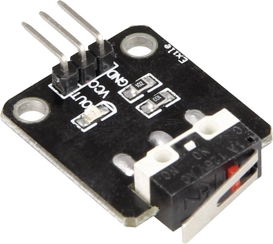 A small black switch button on a circuit board with three metal pins and labels 'OUT', 'VCC', 'GND' in white.