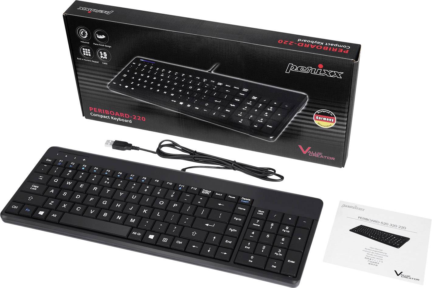 Perixx PERIBOARD-220 H USB Keyboard German, QWERTZ Black USB port-1