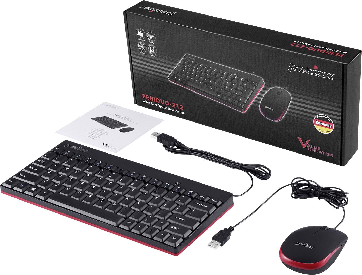 'Periduo-212' Keyboard and Mouse Set with Packaging. Black keyboard with red trim and USB mouse. Accompanying user manual.