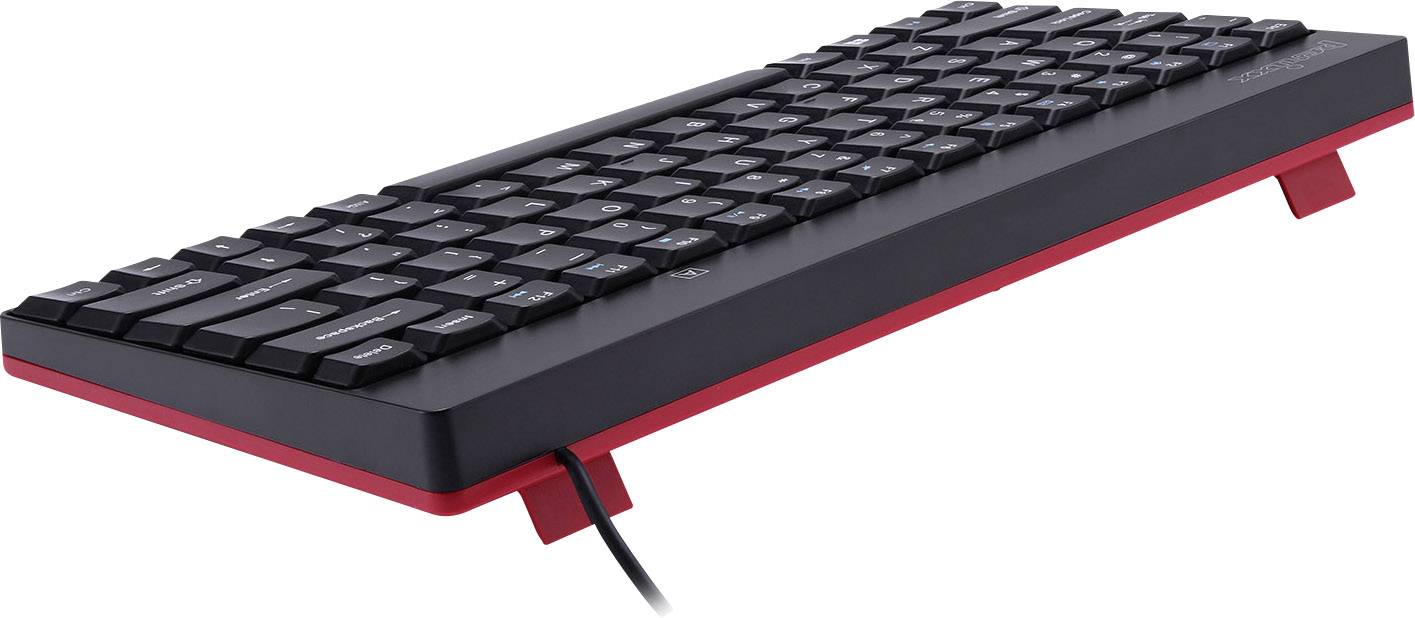 Black computer keyboard with red accents and angled cable, slightly tilted for ergonomic use.