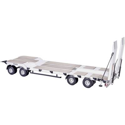 A white low loader trailer with multiple axles and wooden floors, suitable for transporting heavy machinery or vehicles.