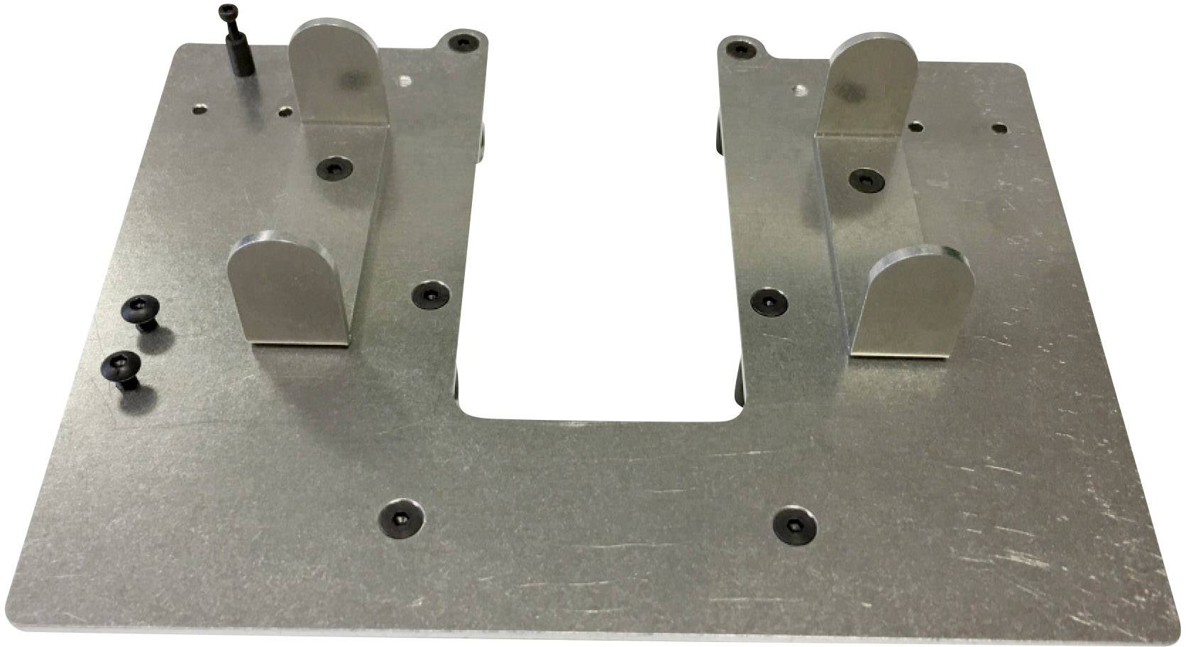 Metal plate with four vertical mounting brackets and several screws. Used for fixing or mounting in technical applications.
