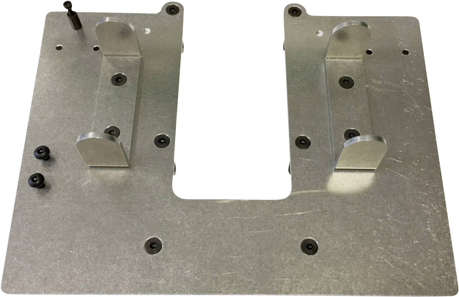 Metal mounting component with various drill holes and two upright mounting brackets. Used for precise alignment.